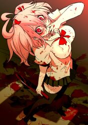 Rule 34 | 1girl, blood, blood on clothes, blood on face, blood splatter, bloody knife, blush, bow, breasts, female focus, hair bow, hair ribbon, heart, heart-shaped pupils, itoshiki eru, knife, looking at viewer, looking up, medium breasts, pink hair, red bow, red eyes, red ribbon, ribbon, school uniform, symbol-shaped pupils, twintails, yandere