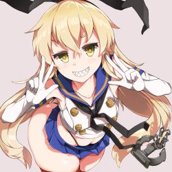 Rule 34 | 1girl, aki (sangetusei), anchor hair ornament, ass, blonde hair, blue skirt, clenched teeth, commentary request, double w, elbow gloves, eyebrows hidden by hair, gloves, grey background, hair between eyes, hair ornament, highres, kantai collection, long hair, looking at viewer, sharp teeth, shimakaze (kancolle), simple background, skindentation, skirt, smile, solo, teeth, thighs, thong, w, white gloves, yellow eyes