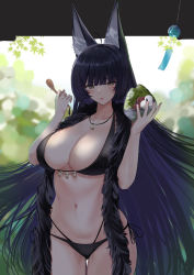 Rule 34 | 1girl, :p, alternate costume, animal ear fluff, animal ears, azur lane, bikini, black bikini, black hair, breasts, cleavage, cowboy shot, facial mark, feather boa, food, fox ears, fox girl, fur trim, hair ornament, holding, holding food, holding spoon, jewelry, kitsune, large breasts, long hair, looking at viewer, musashi (azur lane), nail polish, navel, necklace, schreibe shura, side-tie bikini bottom, solo, spoon, standing, stomach, sweat, swimsuit, thigh gap, thighs, tongue, tongue out, very long hair, yellow eyes