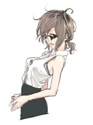 Rule 34 | 10s, 1girl, black bra, bra, brown eyes, brown hair, commentary request, dagashi kashi, from side, glasses, high-waist skirt, highres, kotoyama, looking at viewer, low ponytail, open mouth, owari hajime, own hands together, shirt, simple background, sketch, skirt, sleeveless, sleeveless shirt, smile, solo, underwear, upper body, white background