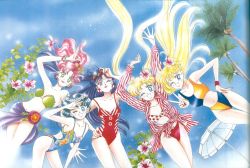Rule 34 | 1990s (style), 5girls, :p, aino minako, arms up, bare arms, bikini, bikini top only, bishoujo senshi sailor moon, blonde hair, blue eyes, blue hair, bracelet, breasts, brown hair, casual one-piece swimsuit, circle formation, commentary, double bun, earrings, everyone, flower, green eyes, hair bun, hair flower, hair ornament, half updo, hand on own hip, head wreath, hibiscus, highleg, highleg bikini, highleg swimsuit, highres, hino rei, jewelry, kino makoto, long hair, looking at viewer, midriff, mizuno ami, multiple girls, nail polish, navel, necklace, official art, one-piece swimsuit, one eye closed, open mouth, palm tree, ponytail, purple eyes, purple hair, red nails, retro artstyle, sarong, shirt, short hair, sky, smile, sports bikini, strap slip, striped clothes, striped shirt, sunglasses, swimsuit, takeuchi naoko, tied shirt, tongue, tongue out, tree, tsukino usagi, twintails, two-tone bikini, two-tone swimsuit, umbrella, v, very long hair, wink, wristband