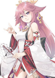 Rule 34 | 1girl, bare shoulders, breasts, commentary request, fox shadow puppet, genshin impact, glint, gohei, hair between eyes, hand up, holding, long hair, looking at viewer, medium breasts, miri (ago550421), parted lips, pink hair, purple eyes, red skirt, shirt, sideboob, simple background, skirt, sleeveless, sleeveless shirt, solo, very long hair, white background, white shirt, yae miko
