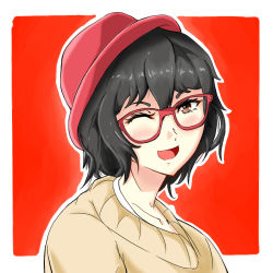 Rule 34 | 1girl, 4koma, ;d, black hair, blush, brown eyes, comic, glasses, hat, keikyu (tiltedcube), looking at viewer, one eye closed, open mouth, original, outline, outside border, pink theme, red-framed eyewear, red background, red hat, red theme, short hair, simple background, smile, solo, twintails, upper body, yellow theme