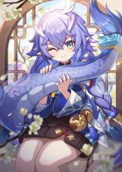 Rule 34 | 1girl, bailu (honkai: star rail), blue eyes, blue hair, blurry, blush, braid, branch, closed mouth, cowboy shot, crossed bangs, depth of field, dragon girl, dragon horns, dragon tail, flower, fur-tipped tail, gourd, hair between eyes, holding, holding own tail, honkai: star rail, honkai (series), horns, long hair, long sleeves, looking at viewer, one eye closed, pointy ears, saylamars, sitting, smile, solo, tail, twin braids, very long hair, white flower, wide sleeves, window