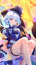 Rule 34 | 1girl, ascot, asymmetrical gloves, black ascot, black gloves, blue eyes, blue gemstone, blue hair, blue hat, blue jacket, blush, furina (genshin impact), gem, genshin impact, gloves, hat, highres, hydro symbol (genshin impact), jacket, light blue hair, liu liaoliao, looking at viewer, medium hair, mismatched gloves, mismatched pupils, multicolored hair, shorts, sitting, smile, solo, thigh strap, top hat, white gloves, white shorts
