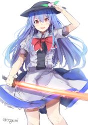 Rule 34 | 1girl, arm up, blue hair, blush, bow, bowtie, colorized, dress, food, fruit, hat, hinanawi tenshi, layered dress, long hair, looking at viewer, open mouth, peach, puffy sleeves, red eyes, short sleeves, simple background, sketch, solo, sword of hisou, touhou, twitter username, upskirt, white background, wowoguni