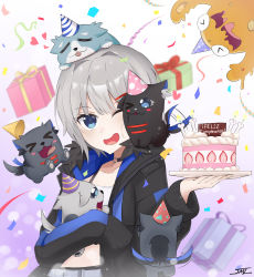 Rule 34 | :d, animal ears, animal hood, belt, belt buckle, birthday, birthday cake, black choker, black jacket, blue jacket, bra strap, buckle, cake, candle, character name, choker, confetti, fake animal ears, food, gift, happy, happy birthday, hat, highres, hood, hood down, hooded jacket, jaal art, jacket, midriff, multicolored clothes, multicolored jacket, o-ring, o-ring choker, open mouth, oversized clothes, party, party hat, rurine luna, signature, smile, spanish text, stomach, strapless, tank top, tube top, virtual youtuber, wactor production, white background, white belt, white tank top, wolf hood