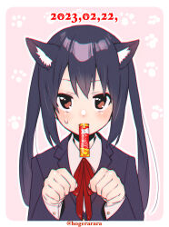 Rule 34 | 1girl, animal ears, artist name, black hair, black jacket, blazer, blush, border, brown eyes, cat day, cat ears, commentary request, dated, highres, hogerarara, jacket, k-on!, long hair, long sleeves, looking at viewer, mouth hold, nakano azusa, neck ribbon, paw pose, paw print, paw print background, pink background, red ribbon, ribbon, sakuragaoka high school uniform, school uniform, sidelocks, solo, sweatdrop, twintails, twitter username, upper body, watermark, white border, winter uniform