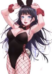 Rule 34 | 1girl, animal ears, armpits, arms up, bad id, bad pixiv id, black hair, black hairband, blue eyes, blush, breasts, rabbit ears, rabbit tail, cleavage, cowboy shot, fake animal ears, fishnet pantyhose, fishnets, hairband, kamiyama aya, large breasts, lips, long hair, looking at viewer, messy hair, open mouth, original, pantyhose, playboy bunny, red ribbon, ribbon, simple background, smile, solo, standing, tail, white background, wrist cuffs