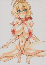 Rule 34 | 10s, 1girl, ahoge, bikini, blonde hair, blush, breasts, cleavage, curvy, eyebrows, fate/extra, fate (series), green eyes, hair bun, large breasts, marker (medium), mechanical pencil, millipen (medium), navel, nero claudius (fate), nero claudius (fate) (all), nero claudius (fate/extra), official alternate costume, open mouth, pencil, red bikini, short hair, simple background, single hair bun, slingshot swimsuit, solo, squatting, swimsuit, thick thighs, thighs, traditional media, uneven eyes, white background, yutakasan-love