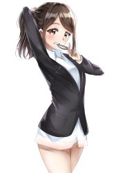 Rule 34 | 1girl, absurdres, arm up, black jacket, blush, brown eyes, brown hair, clenched teeth, collared shirt, commentary request, dress shirt, formal, hair tie, hair tie in mouth, hand up, highres, jacket, long sleeves, mouth hold, no pants, original, panties, ponytail, shirt, simple background, sin (sin52y), solo, suit, swept bangs, teeth, tying hair, underwear, white background, white panties, white shirt