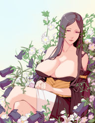 Rule 34 | 1girl, bare shoulders, black dress, black hair, breasts, cleavage, closed mouth, collarbone, crossed legs, detached sleeves, dress, flower, hair vines, highres, large breasts, long hair, looking at viewer, mahou tsukai no yome, materclaws, own hands together, parted bangs, pink eyes, plant, sagging breasts, simple background, sitting, solo, strapless, strapless dress, titania (mahou tsukai no yome), vines