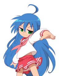 Rule 34 | 1girl, :3, bleedman, chibi, commentary, cowboy shot, english commentary, highres, izumi konata, looking at viewer, lucky star, midriff, mole, mole under eye, neckerchief, outstretched hand, pleated skirt, raised eyebrows, red neckerchief, red sailor collar, red skirt, ryouou school uniform, sailor collar, school uniform, serafuku, simple background, skirt, smug, solo, standing, thighs, white background