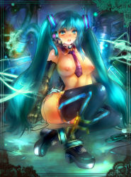 Rule 34 | 1girl, aqua eyes, aqua hair, bad id, bad pixiv id, blush, breasts, cyborg, harusame-r, hatsune miku, headphones, headset, highres, large breasts, long hair, looking at viewer, medium breasts, necktie, nipples, open mouth, shiny skin, solo, thighhighs, twintails, very long hair, vocaloid