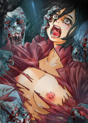 Rule 34 | 1girl, 3boys, absurdres, ada wong, biting, black hair, blood, breasts, goosuka, highres, large breasts, multiple boys, nipples, resident evil, screaming, short hair, tagme, torn clothes, zombie