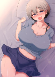 Rule 34 | 1girl, :d, bed sheet, black hair, blue eyes, blue shirt, blush, breasts, cleavage, collarbone, fang, grey hair, hair between eyes, head on pillow, highres, huge breasts, looking at viewer, lying, miniskirt, multicolored hair, navel, on back, open mouth, pillow, ponponmaru, purple skirt, shirt, short hair, short sleeves, skin fang, skirt, smile, solo, sweat, thigh gap, thighs, two-tone hair, uzaki-chan wa asobitai!, uzaki hana