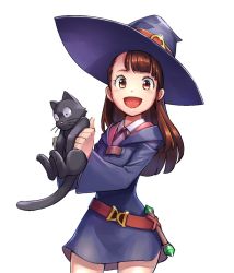 Rule 34 | 1girl, :d, animal, asymmetrical bangs, belt, black cat, brown eyes, brown hair, cat, collared shirt, cowboy shot, dress, hat, holding, holding animal, holding cat, kagari atsuko, little witch academia, long sleeves, looking at viewer, luna nova school uniform, neck ribbon, open mouth, pinafore dress, purple hat, ribbon, school uniform, shirt, shirt under dress, simple background, sirious long, sleeveless, sleeveless dress, smile, solo, whiskers, white background, wide sleeves, witch, witch hat