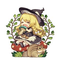 Rule 34 | 1girl, = =, acorn, apron, black footwear, black hat, black skirt, black vest, blonde hair, blush, bow, braid, branch, chibi, chipmunk, closed eyes, commentary request, fly agaric, food, full body, hair bow, hat, hat bow, holding, holding food, kirisame marisa, kitada mo, lace trim, leaf, long hair, mushroom, open mouth, petticoat, puffy short sleeves, puffy sleeves, shoes, short sleeves, side braid, simple background, single braid, sitting, skirt, socks, solo, squirrel, touhou, vest, waist apron, white background, white bow, white socks, witch hat