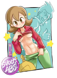Rule 34 | 1boy, 1girl, 5-volt, abs, apron, unworn apron, blush, breasts, brown eyes, brown hair, character name, clothes lift, clothes pull, dutch angle, english text, flipped hair, frying pan, grin, hair ornament, highres, hood, hoodie, lifting own clothes, mature female, mr. sparkles, navel, nintendo, pants, pants pull, pulling own clothes, robojanai, shirt lift, smile, solo focus, star (symbol), thumbs up, underboob, warioware
