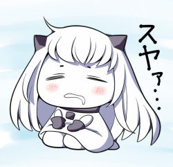 Rule 34 | 10s, 1girl, abyssal ship, ahoge, bad id, bad pixiv id, blush stickers, chibi, colored skin, dress, drooling, closed eyes, horns, kantai collection, long hair, mittens, northern ocean princess, oimo (imoyoukan), oimonocake, open mouth, seiza, sitting, sleeping, solo, translation request, white dress, white hair, white skin