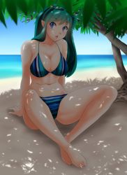 Rule 34 | 1girl, absurdres, barefoot, beach, bikini, blue bikini, blue eyes, blue sky, breasts, cleavage, cloud, collarbone, commentary request, cone horns, dappled sunlight, day, eyeshadow, full body, green hair, highres, horns, indian style, large breasts, lips, looking at viewer, lum, makeup, nanao futaba, navel, outdoors, pointy ears, sitting, sky, solo, striped bikini, striped clothes, sunlight, swimsuit, tree, urusei yatsura