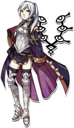 Rule 34 | 1girl, alternate costume, armor, book, breastplate, cloak, fire emblem, fire emblem awakening, greaves, ipead, looking at viewer, nintendo, robin (female) (fire emblem), robin (fire emblem), sash, silver hair, skirt, solo, thighhighs, transparent background, twintails, zettai ryouiki