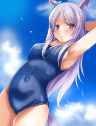 Rule 34 | 1girl, animal ears, armpits, arms behind head, arms up, bare arms, bare shoulders, blue one-piece swimsuit, blue sky, blush, breasts, cloud, collarbone, commentary request, covered navel, cowboy shot, day, dutch angle, horse ears, horse girl, horse tail, looking at viewer, medium breasts, mejiro mcqueen (umamusume), one-piece swimsuit, oshiruko (uminekotei), outdoors, parted bangs, parted lips, purple eyes, purple hair, school swimsuit, sky, solo, swimsuit, tail, umamusume