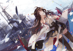 Rule 34 | 10s, 1girl, ahoge, aircraft, airplane, bare shoulders, battleship, bird, blush, brown hair, confetti, cup, detached sleeves, double bun, drinking, dutch angle, hair ornament, hairband, headgear, japanese clothes, kantai collection, kongou (kancolle), long hair, looking at viewer, military, military vehicle, nineo, nontraditional miko, personification, ribbon-trimmed sleeves, ribbon trim, saucer, ship, skirt, solo, tea, teacup, thighhighs, warship, watercraft