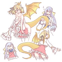 Rule 34 | 2girls, 3:, :&gt;, ^ ^, ahoge, anisphia wynn palettia, anjuro zeeku, ass cutout, blonde hair, blue hair, blush, bow, closed eyes, clothes in front, clothing cutout, collarbone, commentary, covering privates, dragon girl, dragon tail, dragon wings, dress, english commentary, euphyllia magenta, green eyes, hair bow, highres, holding, holding another&#039;s tail, holding clothes, holding dress, horns, jacket, light blue hair, long hair, military uniform, multiple girls, multiple views, nude, nude cover, pink dress, pinstripe bow, profile, short hair, simple background, sparkle, tail, tail through clothes, tensei oujo to tensai reijou no mahou kakumei, thighhighs, uniform, white background, white jacket, white thighhighs, wings, yuri