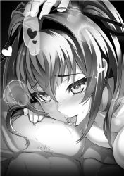 Rule 34 | 10s, 1boy, 1girl, blush, breasts, cleavage, greyscale, hair between eyes, hair intakes, hair ornament, hand on another&#039;s head, heart, highres, licking, licking nipple, long hair, licking nipple, medium breasts, monochrome, naruse mio, nipple stimulation, novel illustration, official art, ookuma nekosuke, shinmai maou no testament