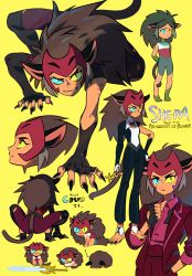 Rule 34 | 1girl, :&lt;, aged down, all fours, animal ears, barefoot, brown hair, cat ears, cat girl, cat tail, catra (princesses of power), chibi, claws, fangs, fingerless gloves, fingernails, formal, freckles, gloves, heterochromia, masters of the universe, red suit, sharp fingernails, sharp toenails, she-ra and the princesses of power, single sleeve, squatting, striped fur, suit, sword, tail, take (illustrator), toenails, tuxedo, weapon, yellow background