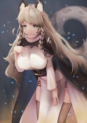 Rule 34 | 1girl, absurdres, animal ear fluff, animal ears, arknights, belt, black belt, black cape, braid, breasts, cape, commentary, cowboy shot, dress, grey eyes, grey thighhighs, hand on own chest, highres, hitsuji no rice, huge filesize, large breasts, leaning forward, leopard ears, leopard tail, long hair, long sleeves, looking at viewer, pramanix (arknights), silver hair, smile, solo, standing, tail, thighhighs, turtleneck, turtleneck dress, twin braids, white dress