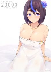 Rule 34 | 1girl, bare shoulders, blue eyes, blue flower, blue rose, blush, bracelet, breasts, brown hair, cleavage, commentary request, crescent, crescent pin, dress, english text, flower, hair flower, hair ornament, jewelry, kuavera, large breasts, looking at viewer, milestone celebration, miyako (kuavera), mole, mole under mouth, multicolored hair, necklace, original, rose, short hair, signature, sitting, smile, solo, streaked hair, thank you, twitter username, white dress