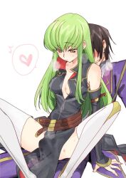 Rule 34 | 1boy, 1girl, belt, black hair, blush, breasts, brown belt, bulge, c.c., clenched teeth, clothed sex, code geass, creayus, detached sleeves, erection, erection under clothes, girl on top, green hair, heart, hetero, hickey, imminent penetration, lelouch vi britannia, long hair, parted lips, pelvic curtain, short hair, sitting, sitting on lap, sitting on person, small breasts, spoken heart, spread legs, sweat, teeth, thighhighs, very long hair, white background, white thighhighs, yellow eyes