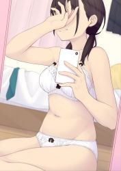 Rule 34 | 1girl, 3:, absurdres, arm up, bare arms, bare shoulders, bed, black hair, blurry, bra, breasts, covering own eyes, depth of field, groin, hair over shoulder, highres, holding, holding phone, long hair, low twintails, medium breasts, mirror, navel, ochiai miyabi, on floor, original, panties, phone, reflection, selfie, sitting, solo, stomach, thighs, twintails, underwear, underwear only, white bra, white panties
