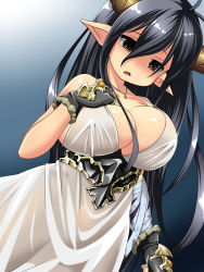 Rule 34 | 10s, 1girl, bandages, black eyes, breast suppress, breasts, cleavage, danua, draph, dress, covered erect nipples, female focus, fingerless gloves, gloves, granblue fantasy, hair between eyes, highres, horns, jewelry, large breasts, long hair, necklace, open mouth, pointy ears, solo, strap gap, strap slip, tareme, tsuna (al dente), very long hair, white dress