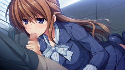 Rule 34 | 1girl, asami asami, blue eyes, blush, bow, bowtie, breasts, brown hair, censored, dutch angle, feet, fellatio, formal, game cg, hayase chitose (pretty x cation), kneeling, large breasts, long hair, looking up, mosaic censoring, oral, penis, pretty x cation 2, saliva, shoes, skirt, standing, striped suit, suit, unzipped