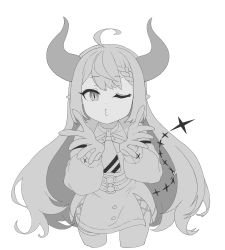 Rule 34 | 1girl, absurdres, ahoge, belt, blowing kiss, braid, choker, cross, cross print, demon girl, demon horns, food211, greyscale, highres, hololive, holox, horns, la+ darknesss, long hair, looking at viewer, monochrome, necktie, o-ring, o-ring belt, one eye closed, pointy ears, puckered lips, simple background, slit pupils, solo, virtual youtuber, white background