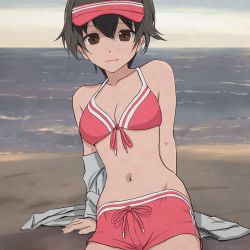 Rule 34 | 1girl, akagi (fmttps), arm support, artist name, beach, bikini, bikini shorts, breasts, brown eyes, brown hair, cleavage, closed mouth, commentary, day, double vertical stripe, front-tie bikini top, front-tie top, girls und panzer, grey sky, hat, leaning to the side, light smile, looking at viewer, medium breasts, nakajima (girls und panzer), navel, ocean, off shoulder, pink bikini, pink hat, shirt, short hair, short shorts, shorts, sitting, sky, solo, swimsuit, twitter username, visor cap, white shirt