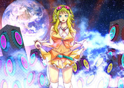 Rule 34 | 1girl, belt, blue eyes, breasts, covered navel, curtsey, detached collar, earth (planet), forest (4423), goggles, goggles on head, green hair, gumi, headset, heart, highres, idol, kneehighs, large breasts, open mouth, planet, see-through, sky, sleeveless, socks, solo, speaker, star (sky), starry sky, vocaloid, white socks, wrist cuffs