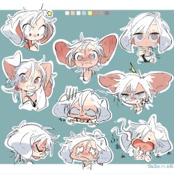 Rule 34 | 1girl, amiami, anger vein, angry, animal ears, blue background, color guide, crying, dated, expressions, female focus, grin, highres, messy hair, original, short hair, simple background, smile, white hair, yawning
