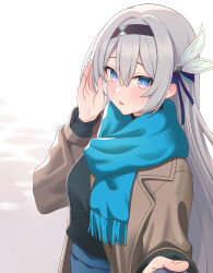 Rule 34 | 1girl, absurdres, alternate costume, black hairband, black sweater, blue eyes, blue scarf, blue skirt, blush, breasts, brown coat, coat, collared coat, english text, fingernails, firefly (honkai: star rail), freerun79, grey hair, hair between eyes, hair ornament, hair ribbon, hairband, hand up, highres, honkai: star rail, honkai (series), leaf hair ornament, long hair, long sleeves, looking at viewer, medium breasts, multicolored eyes, open clothes, open coat, open mouth, pink eyes, purple ribbon, ribbon, scarf, sidelocks, simple background, skirt, snow, solo, speech bubble, standing, sweater, textless version, turtleneck, turtleneck sweater, white background