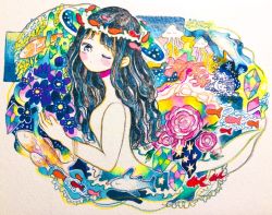 Rule 34 | 050505si, 1girl, abstract, bad id, bad twitter id, black hair, blue flower, blush, bracelet, closed eyes, colorful, commentary request, crystal, expressionless, fish, flower, from side, heart, jellyfish, jewelry, long hair, looking at viewer, no nose, nude, one eye closed, original, pink flower, solo, surreal, traditional media