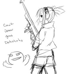 Rule 34 | 1boy, 1girl, gun, headphones, iris (material sniper), jacket, looking back, material sniper, monochrome, ponytail, rifle, shorts, sketch, sniper rifle, weapon, white background