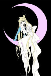 Rule 34 | 10s, 1girl, bare shoulders, barefoot, bead bracelet, beads, bishoujo senshi sailor moon, bishoujo senshi sailor moon crystal, black background, blonde hair, blue eyes, boots, bow, bracelet, choker, copyright name, crescent, crescent facial mark, crescent moon, detached sleeves, double bun, dress, earrings, elbow gloves, facial mark, forehead mark, gloves, hair bun, hair ornament, high heel boots, high heels, highres, hugging own legs, jewelry, kmgk, knee boots, large bow, long hair, looking at viewer, lots of jewelry, moon, on crescent, princess, princess serenity, puffy short sleeves, puffy sleeves, sash, shoes, short sleeves, single shoe, sitting, smile, solo, split theme, strapless, strapless dress, tsukino usagi, twintails, very long hair, white dress, white gloves