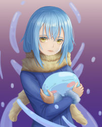 Rule 34 | 1other, androgynous, blue hair, blue jacket, blush, blush stickers, breasts, commentary request, fur trim, hair between eyes, highres, holding, jacket, long hair, long sleeves, looking at viewer, rimuru tempest, scarf, simple background, slime (creature), tensei shitara slime datta ken, upper body, wei xiao, yellow eyes