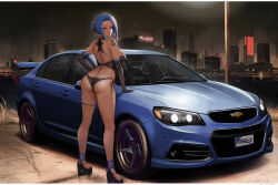 Rule 34 | 1girl, absurdres, arm tattoo, ass, bikini, black bikini, black footwear, black gloves, blue eyes, blue hair, building, chevrolet, chevrolet ss, city, cityscape, closed mouth, commentary, commission, crane (machine), elbow gloves, from behind, gloves, high heels, highres, kcar66t, license plate, looking at viewer, looking to the side, night, night sky, original, outdoors, pixiv commission, race queen, sky, skyscraper, solo, spoiler (automobile), standing, swimsuit, tattoo, vehicle focus