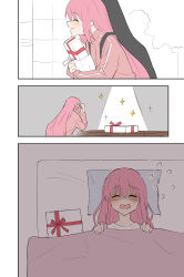 Rule 34 | 1girl, ^ ^, absurdres, blush, bocchi the rock!, closed eyes, closed mouth, comic, cube hair ornament, flying sweatdrops, gift, gotoh hitori, hair between eyes, hair down, hair ornament, happy, happy birthday, head on pillow, highres, holding, holding gift, jacket, long hair, one side up, ookiiayu, open mouth, pink hair, pink jacket, praying, red ribbon, ribbon, simple background, smile, solo, sparkle, spotlight, under covers, very long hair, wavy hair, white background