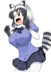 Rule 34 | 10s, 1girl, alternate breast size, animal ears, bad id, bad twitter id, black hair, bow, bowtie, clenched hands, commentary request, common raccoon (kemono friends), cowboy shot, elbow gloves, fur collar, gloves, grey hair, kemono friends, multicolored hair, open mouth, pantyhose, pleated skirt, puffy short sleeves, puffy sleeves, raccoon ears, raccoon tail, short hair, short sleeves, skirt, solo, tail, take (shokumu-taiman)