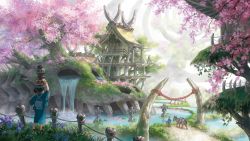 Rule 34 | 1boy, 1girl, building, cane, cherry blossoms, commentary request, day, donkey, dragon, fantasy, flower, from behind, house, original, outdoors, path, pond, road, scenery, skull, tagme, ucoume1210, water, waterfall